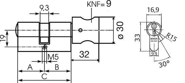 Image: Profile-knob cylinder +CLIQ .534,KNF=9+CLIQ technical drawing