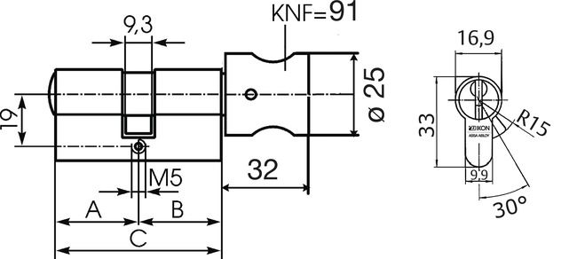 Profile-knob cylinder +CLIQ .534,KNF=91+CLIQ technical drawing