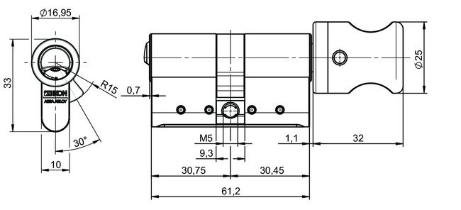 Profile-knob cylinder VERSO®CLIQ V534,KNF=91 technical drawing