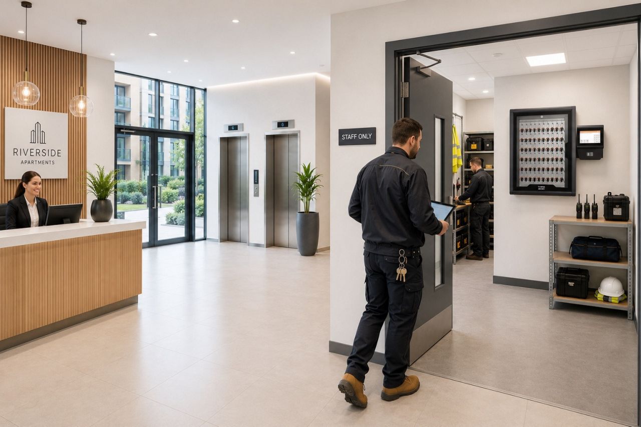 Modern UK apartment reception with contractor entering a staff only facilities area to access Traka key cabinet
