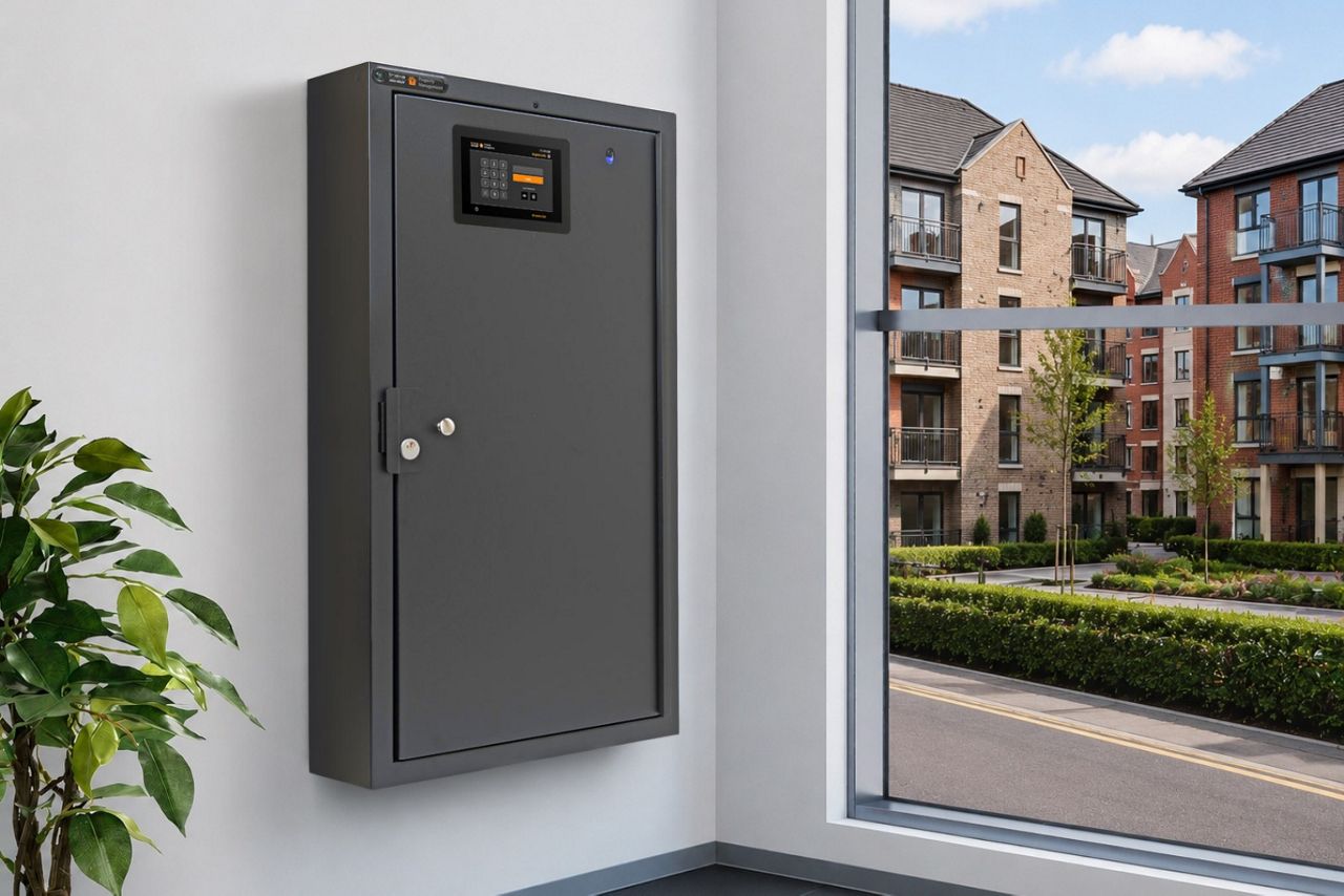 Electronic key cabinet for resedential property management installed in a modern office with UK apartment complex view through the window.