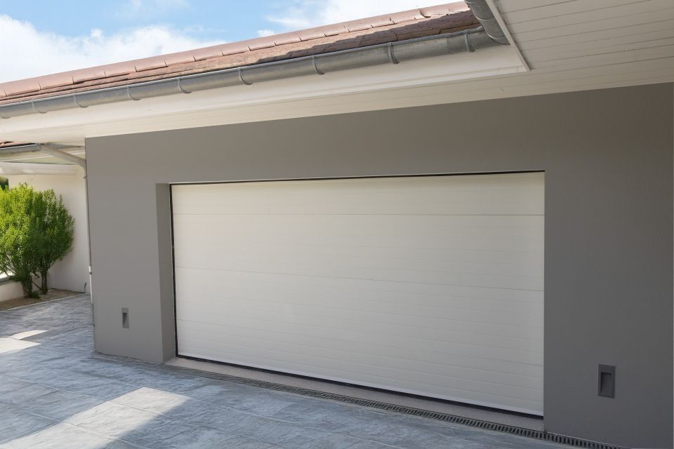 Grey house seen from the front with a garage closed by a white door.