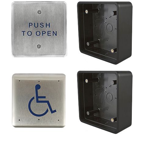 Square push plates with "push to open" text or handicap symbol