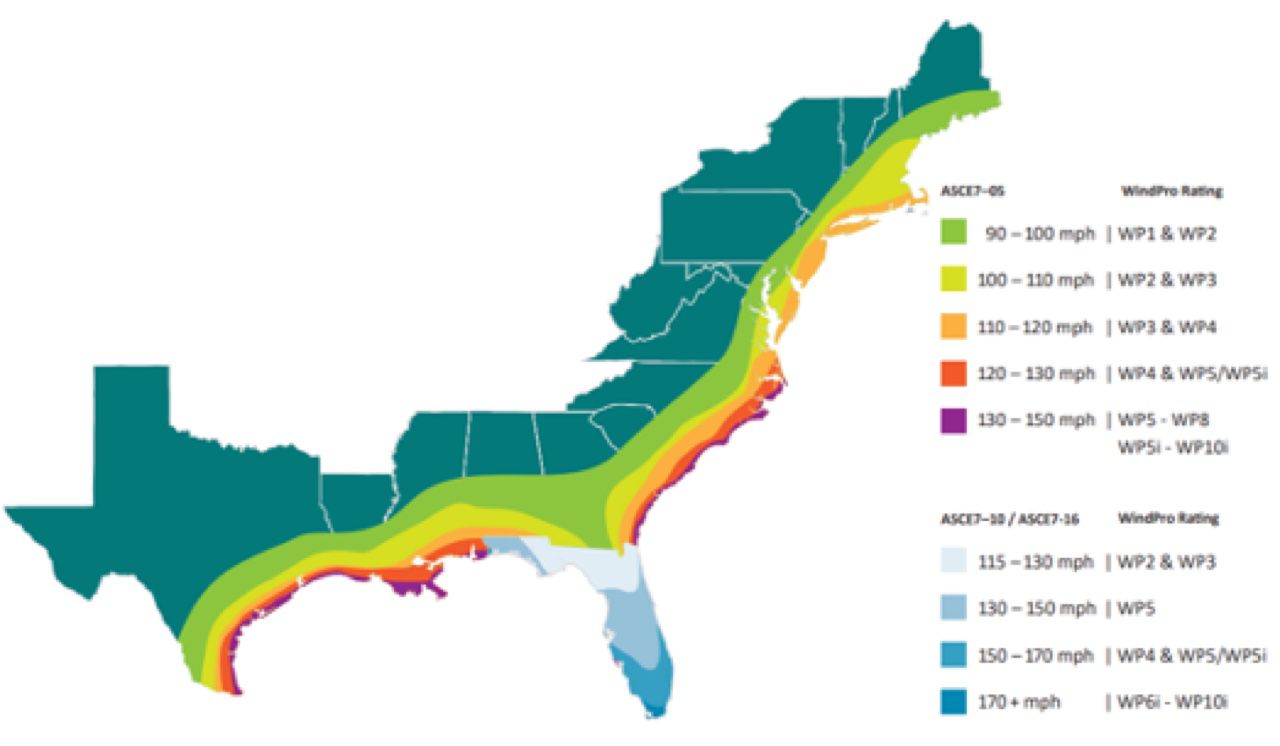 Wind Load Map - green 90-100 mph, yellow 100-110 mph, orange 110-120 mph, red 120-130 mph, purple 130-150 mph, ice blue 115-130 mph, light blue 130-150, medium blue 150-170 mph, dark blue 170 plus mph