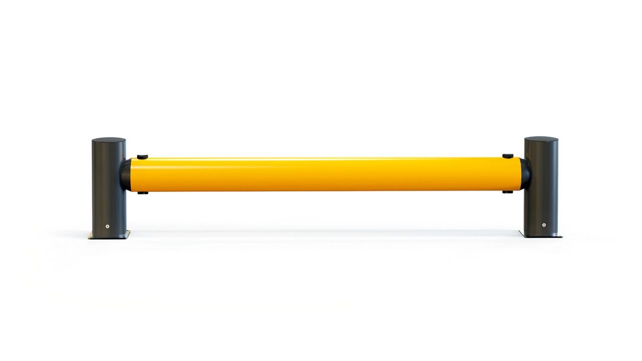 Image: Barreira Flexível de Tráfego Simples eFlex, com tubo amarelo de alta visibilidade e postes pretos de proteção, vista frontal