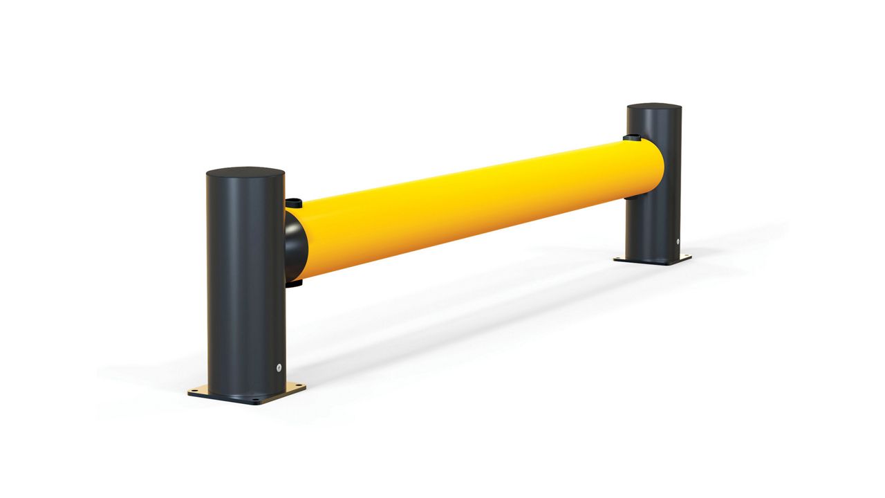 Image: Barreira Flexível de Tráfego Simples eFlex, com tubo amarelo de alta visibilidade e postes pretos de proteção, vista isométrica