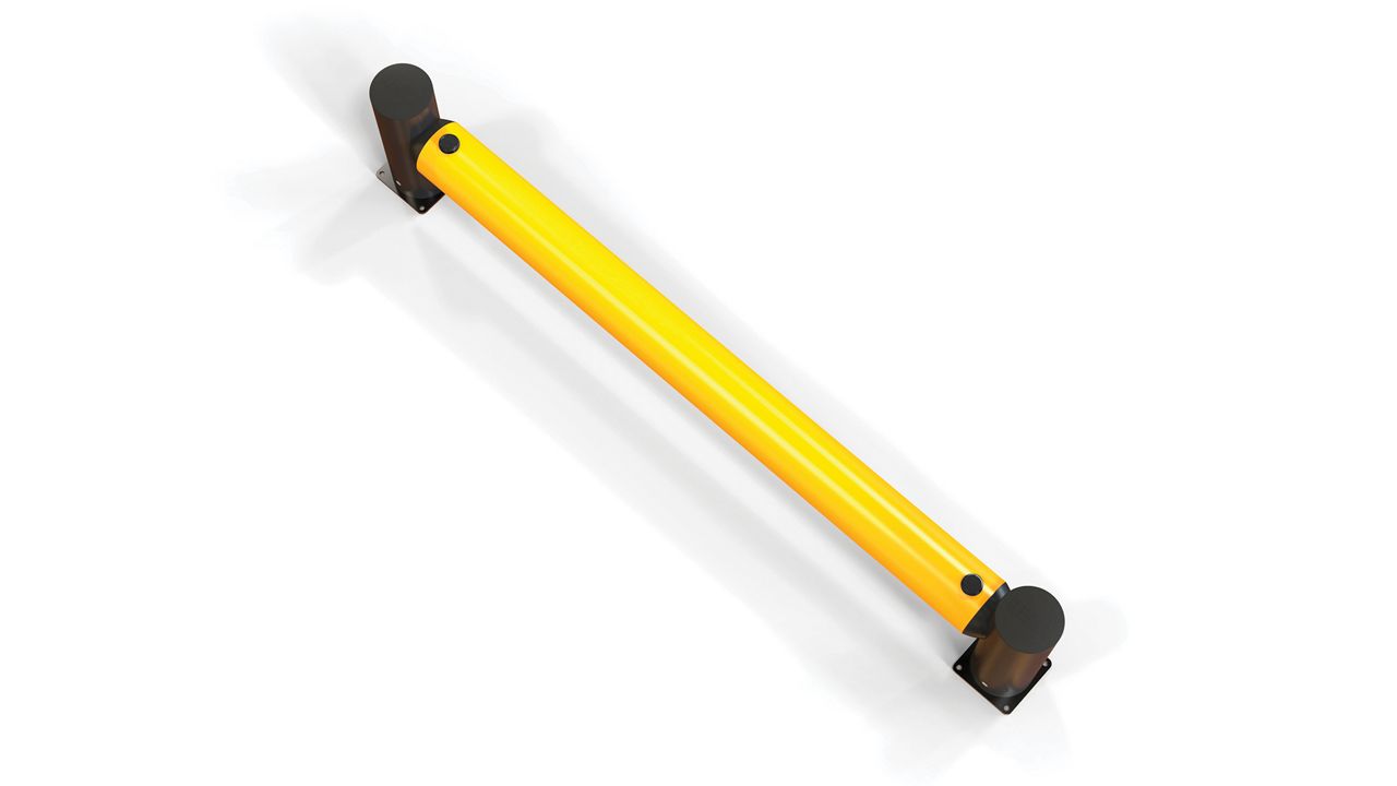 Image: Barreira Flexível de Tráfego Simples eFlex, com tubo amarelo de alta visibilidade e postes pretos de proteção, vista aérea
