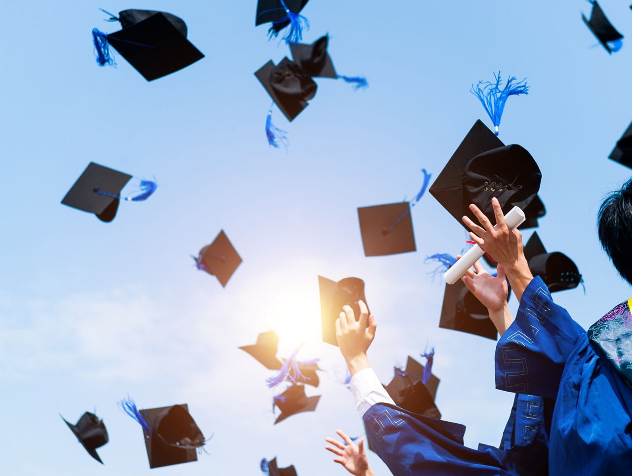 blue sky with graduates throwing caps into the air