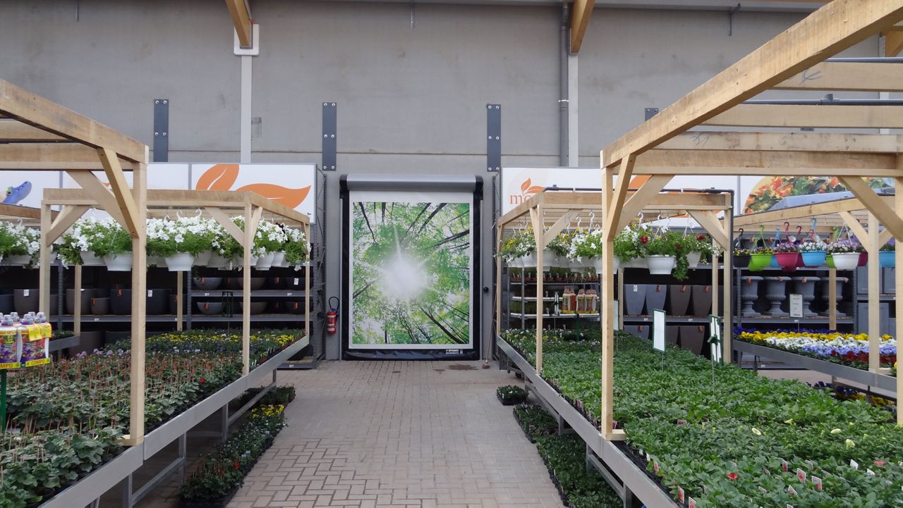 Une porte avec une pub chez un fleuriste avec plein de plantes près de la porte