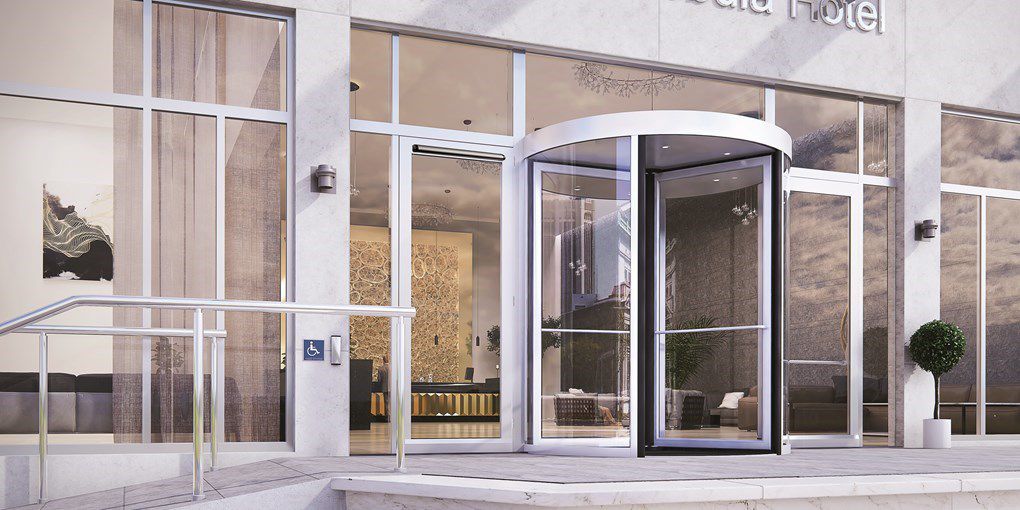 glass revolving door at hotel entrance