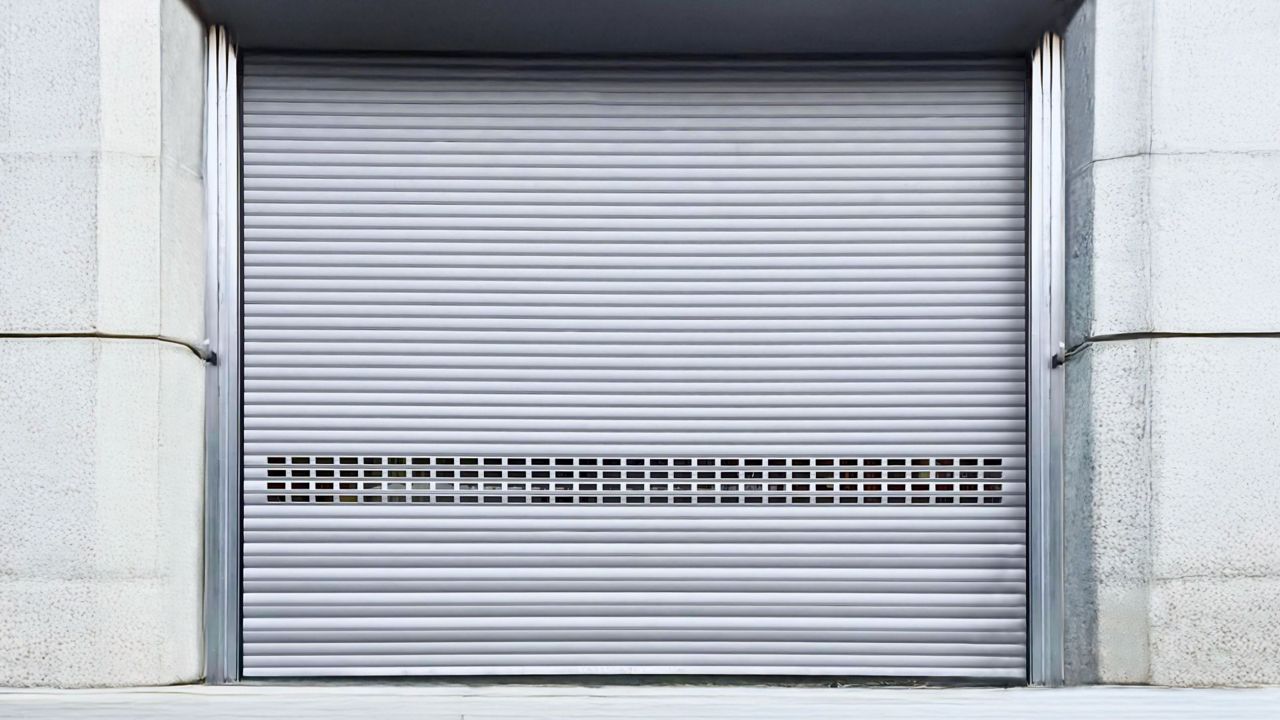 Rideau métallique isolé DP106 de grande dimension installé sur un bâtiment industriel, avec lames horizontales pleines et sections vitrées.