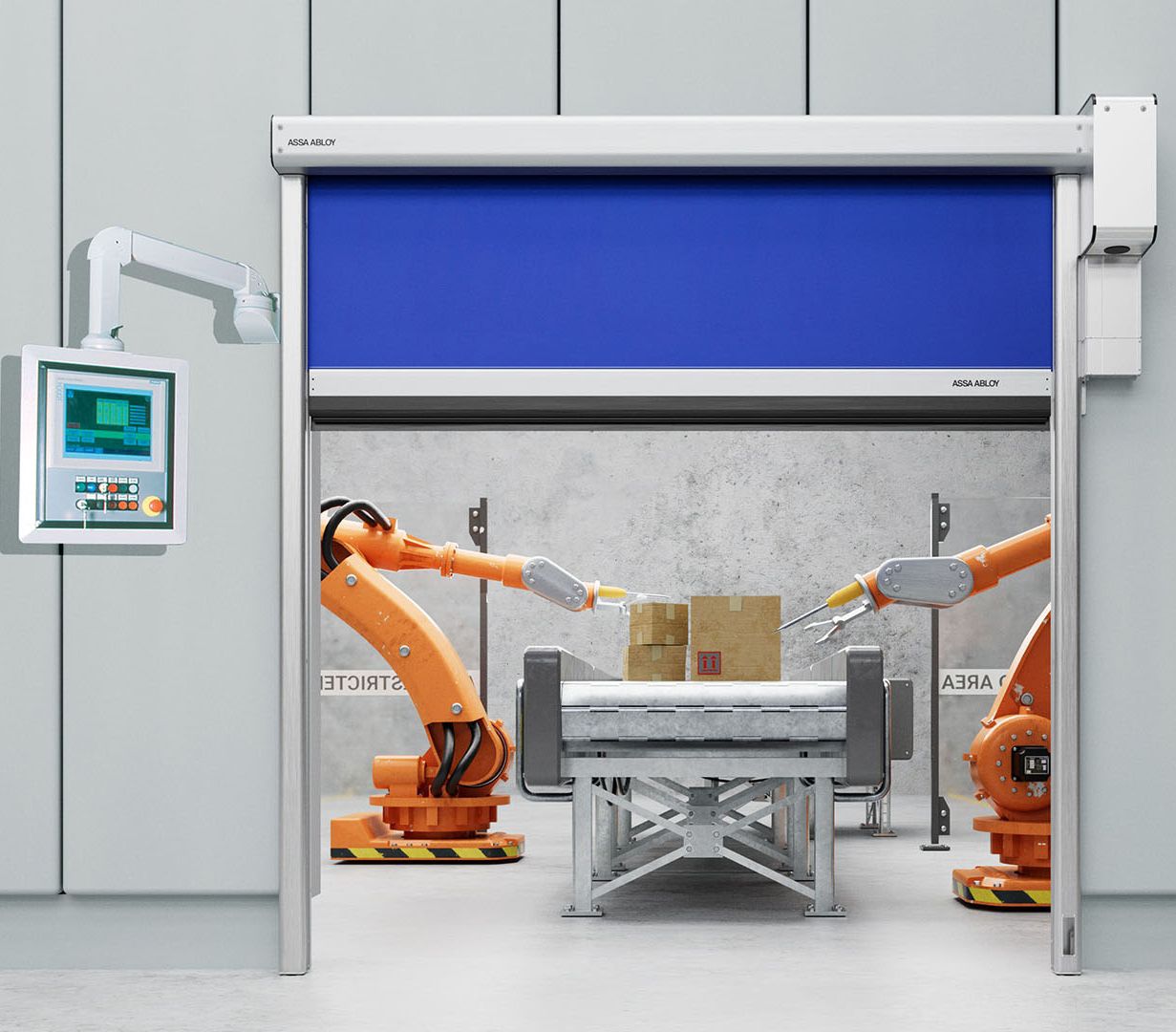 Image: A blue ASSA ABLOY RP400 Machine Protection Door wall mounted in the open position