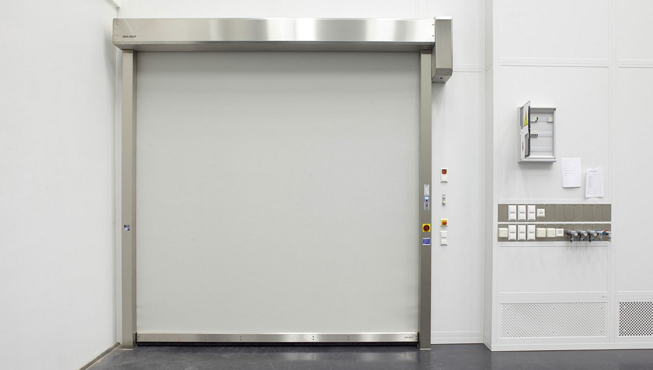 ASSA ABLOY RR300 clean high speed door used in a cleanroom manufacturing environment