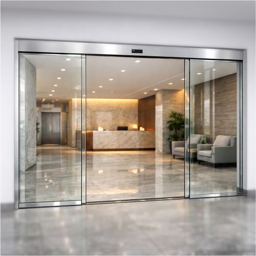 Modern automatic sliding glass door at a premium showroom entrance