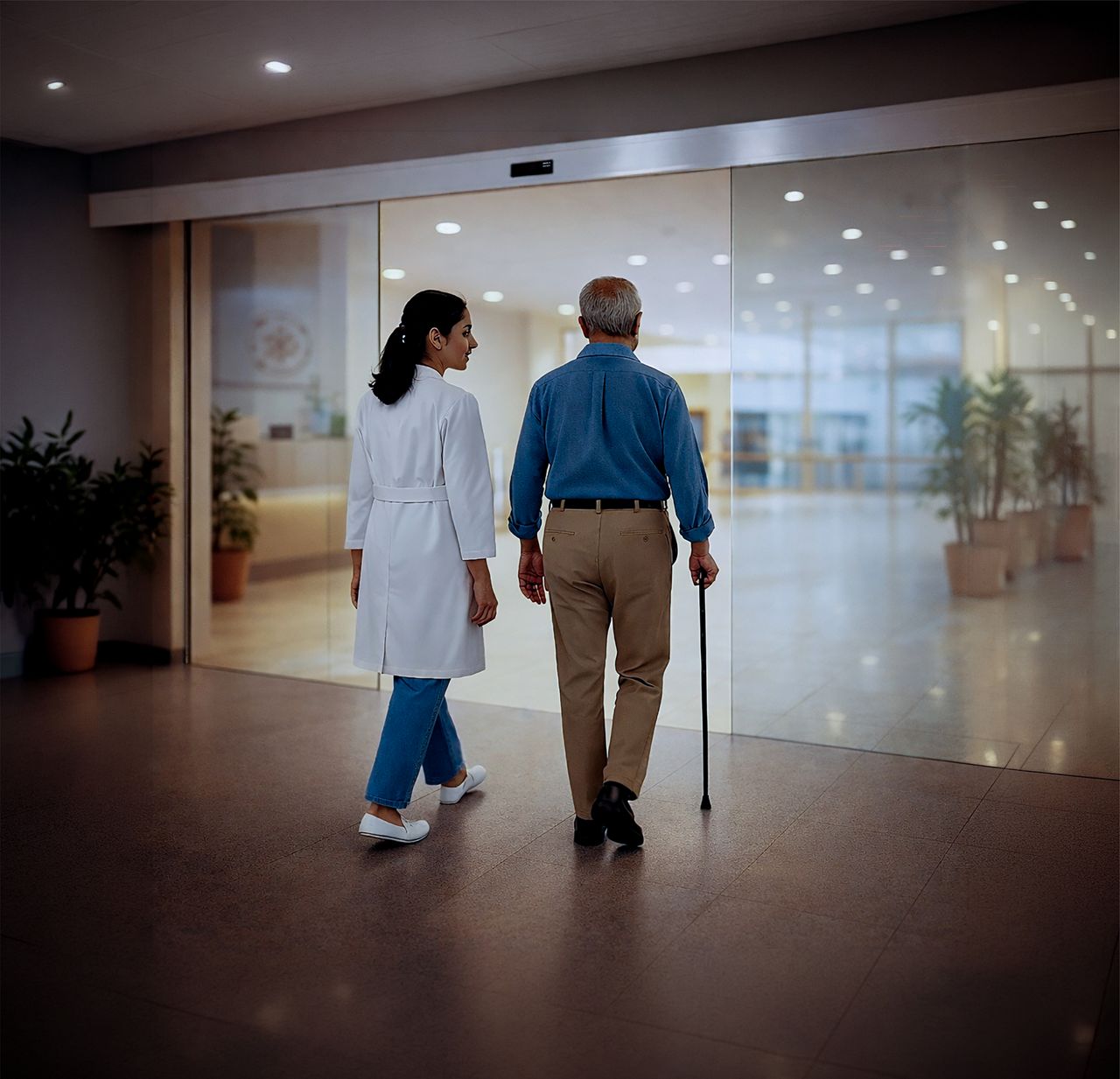 Touchless hospital entry with automatic doors ensuring hygiene and safe access for patients.