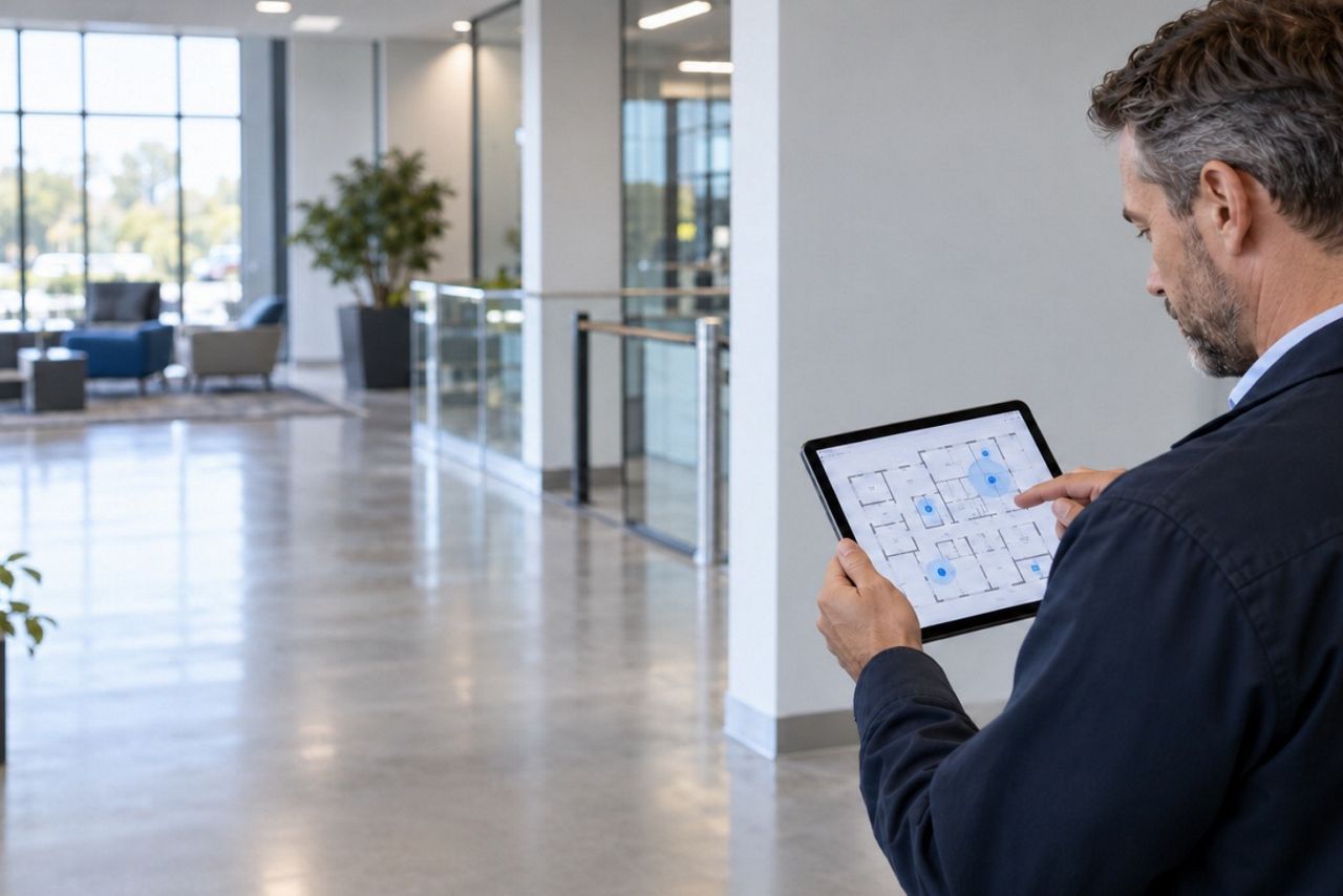 Security manager reviewing a site plan on a tablet in an operations setting.
