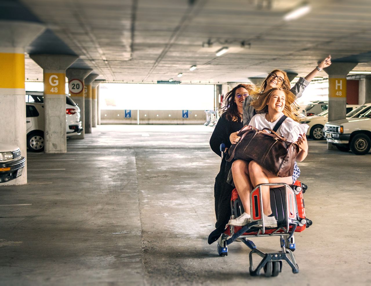 people in parking garage