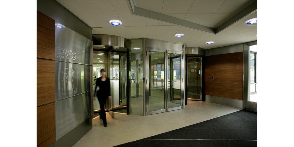 Pedestian glass automatic revolving door at hotel entrance