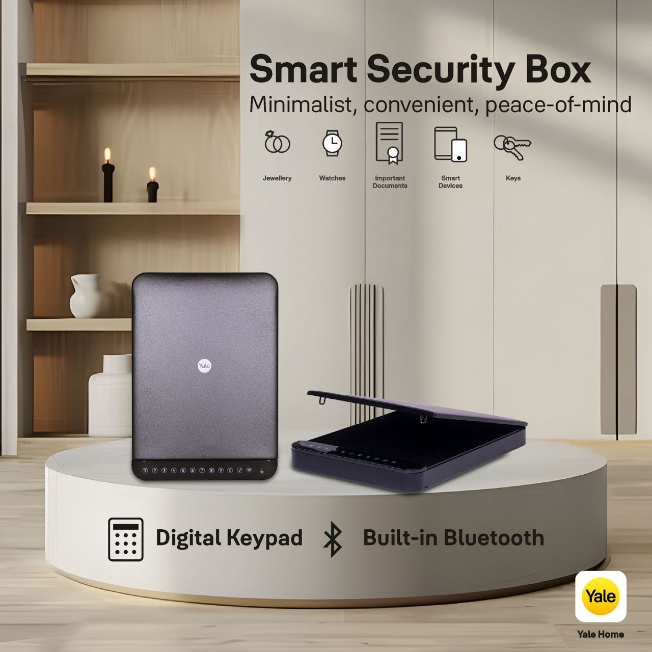 Yale Smart Storage Box with digital keypad and app connectivity for secure storage of jewelry, cash, documents, and electronics.
