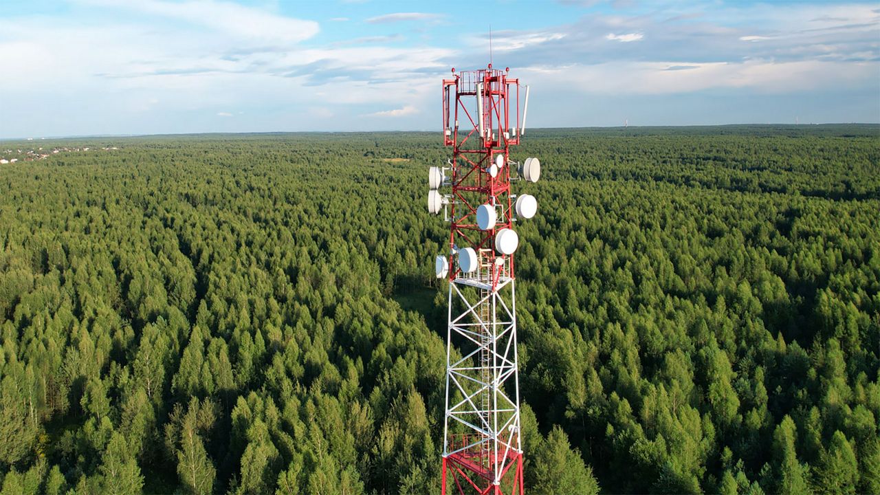 En telemast som står i skogen.