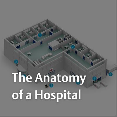 A blueprint of a hospital layout, where healthcare workers use automatic doors.