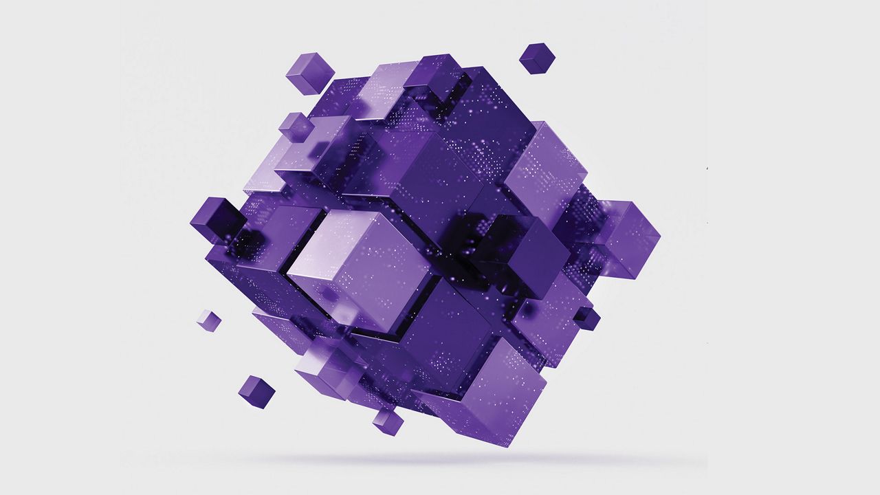 A purple cube on grey background representing the ALCEA Total Solution.