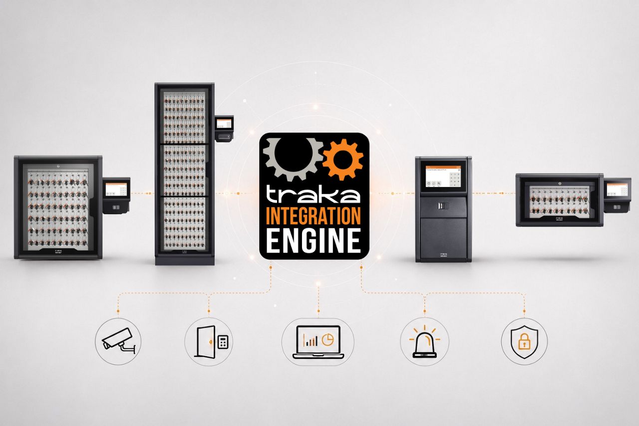 An illustration showing Traka Integration Engine, connecting key management systems with integrated security management systems