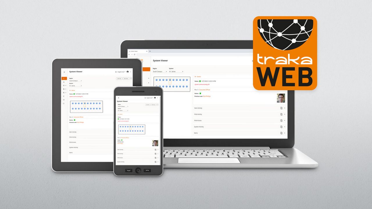 Software de gestión TrakaWEB mostrado en un notebook y dispositivos móviles