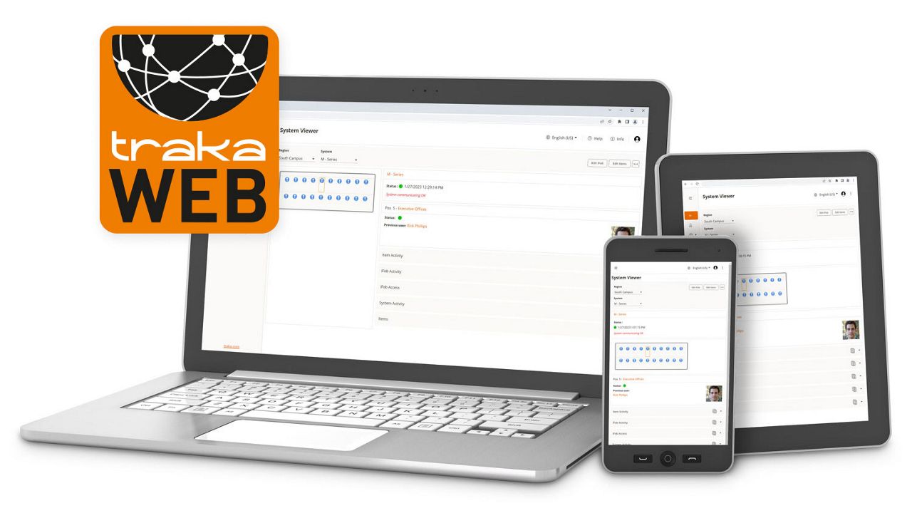 Software de administração TrakaWEB exibido em um notebook e dispositivos móveis
