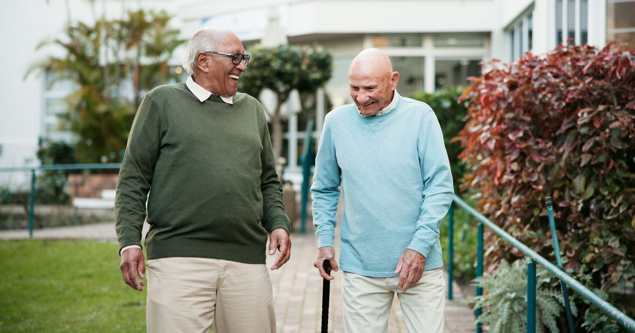 Two senior men walking outdoors talking and laughing.