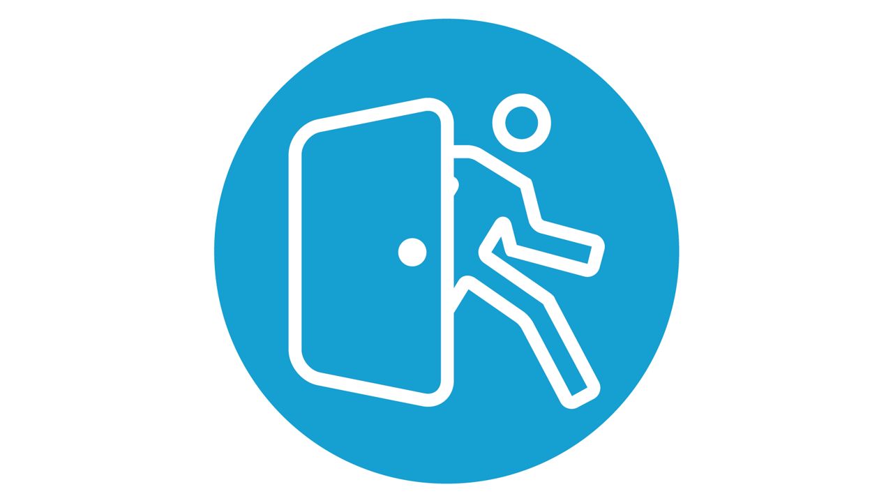 person exiting door in a blue circle