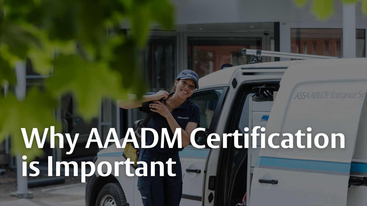 An AAADM certified service technician fixes commercian automatic sliding doors