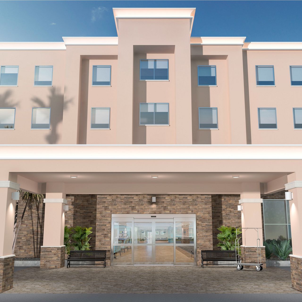 Bi-parting automatic sliding door on a hotel entrance.