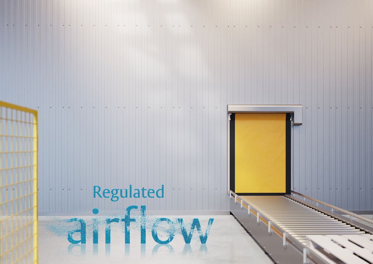 Yellow high speed door on an automated belt with the words 'Reduced oxygen'