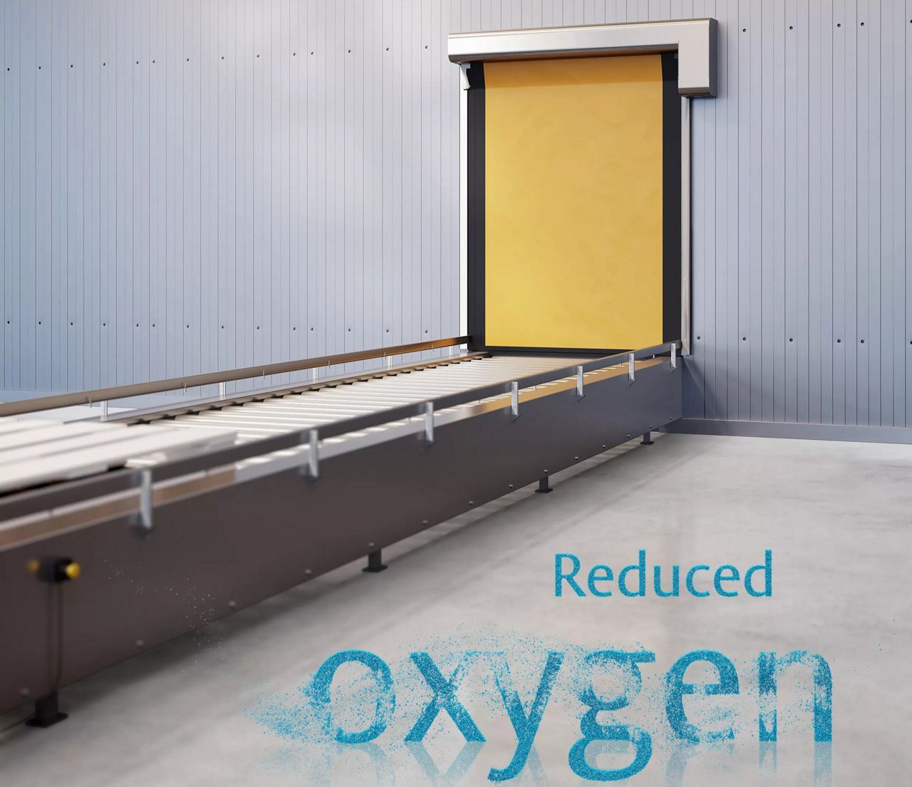 Gele poort aan een geautomatiseerde band met de woorden 'Reduced oxygen'